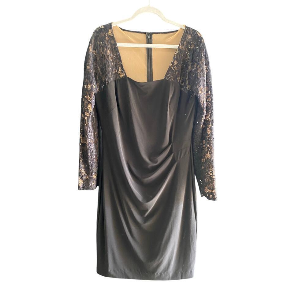 Lauren Ralph Lauren Black Long Sequins Sleeves Midi Dress Size 14